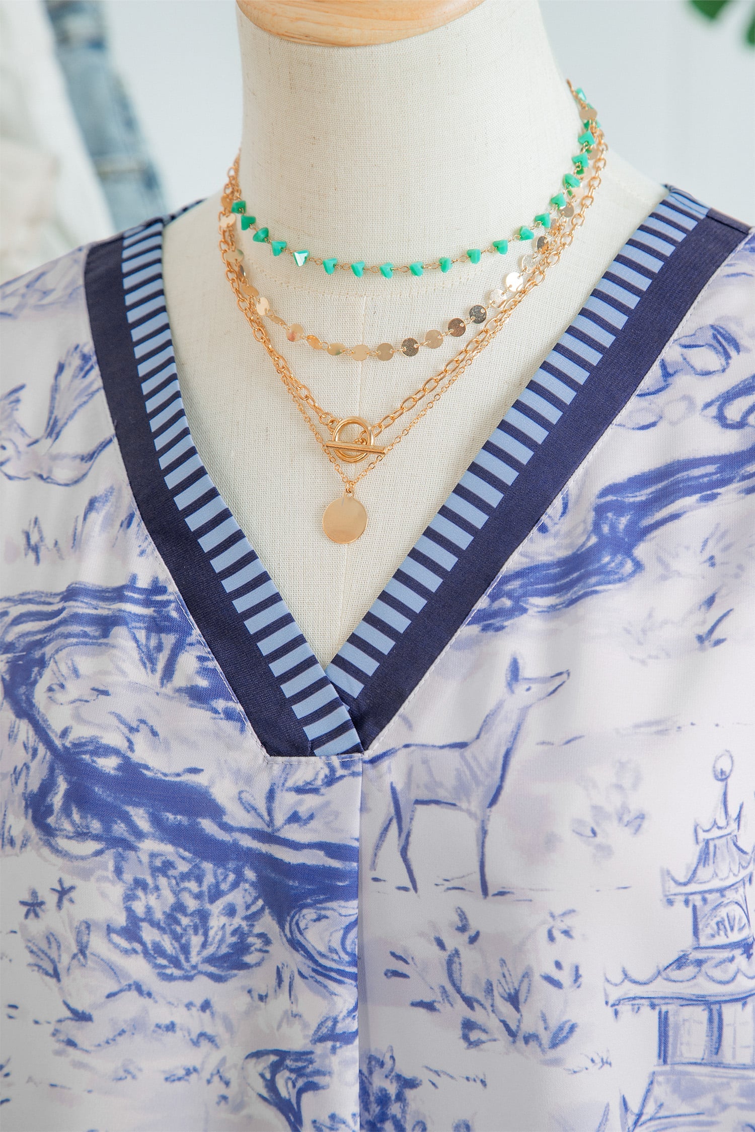 Blue Wild Animal Paradise Striped Trim V Neck Short Sleeve Blouse