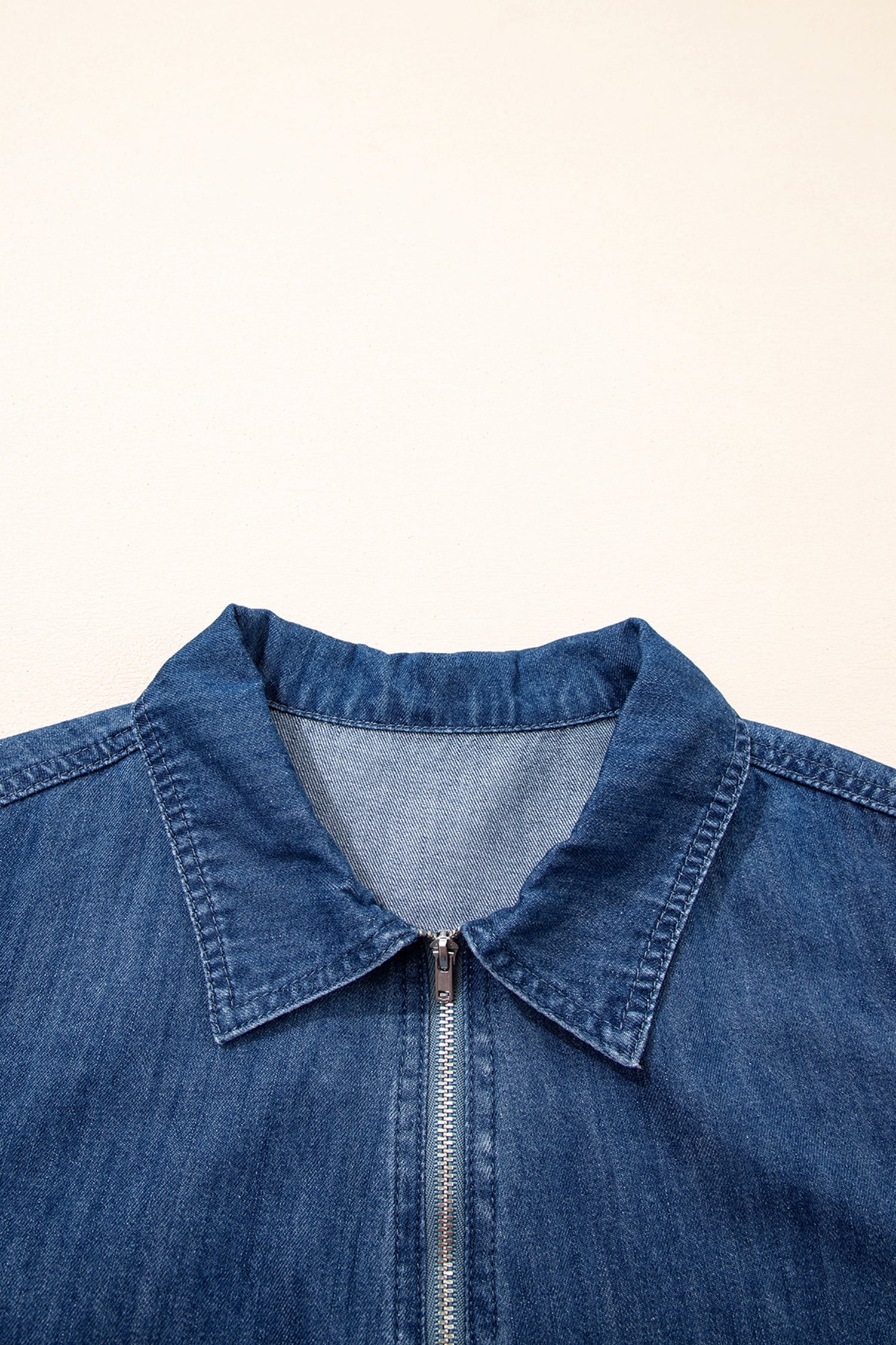 Blue Zip up Collared Short Sleeve Shift Mini Denim Dress