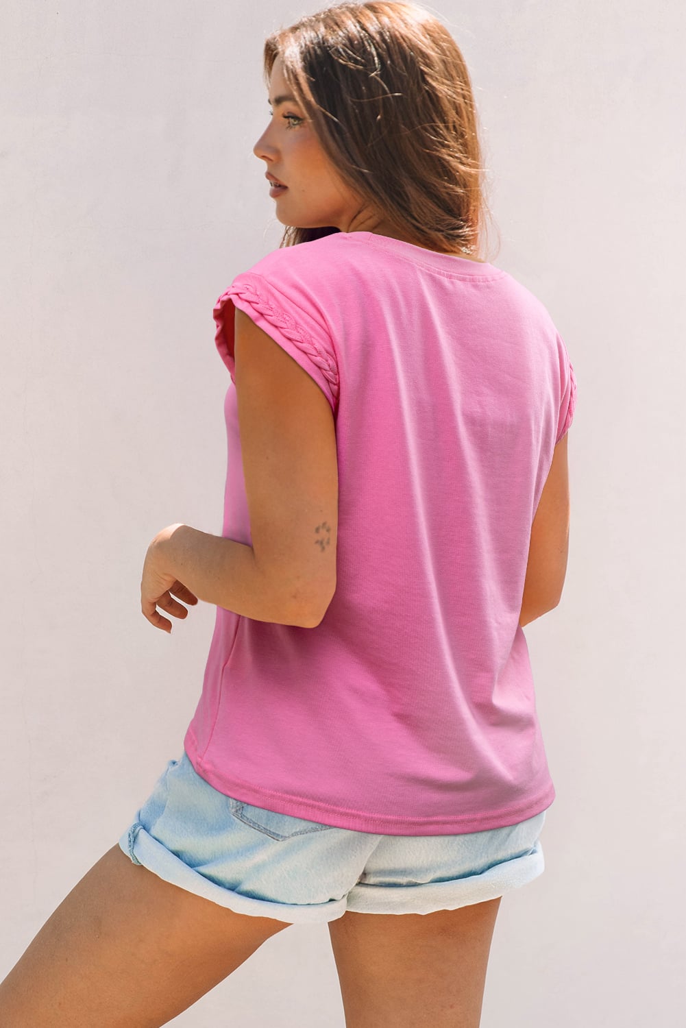 Bonbon Braided Cap Sleeve Crew Neck T Shirt