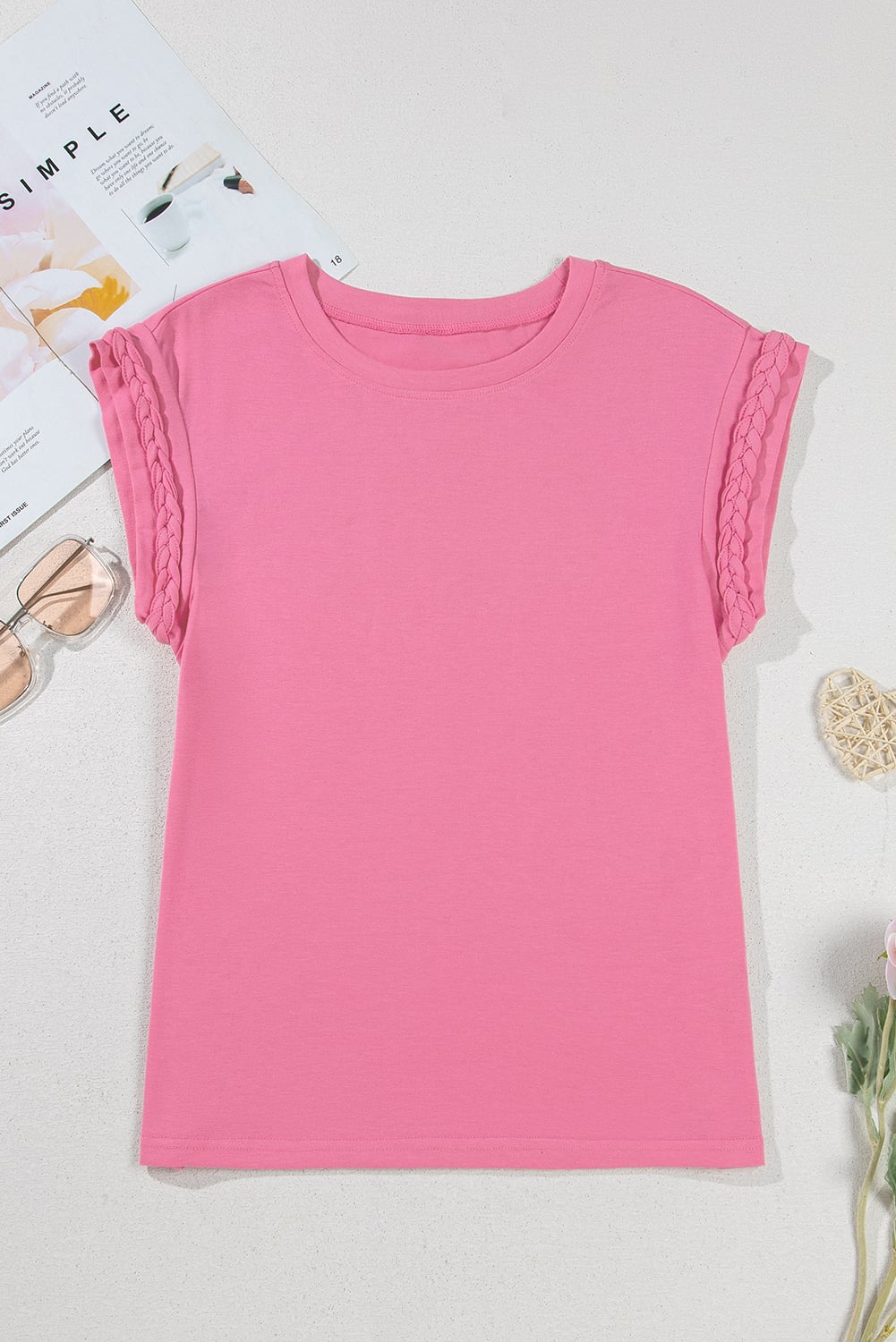 Bonbon Braided Cap Sleeve Crew Neck T Shirt