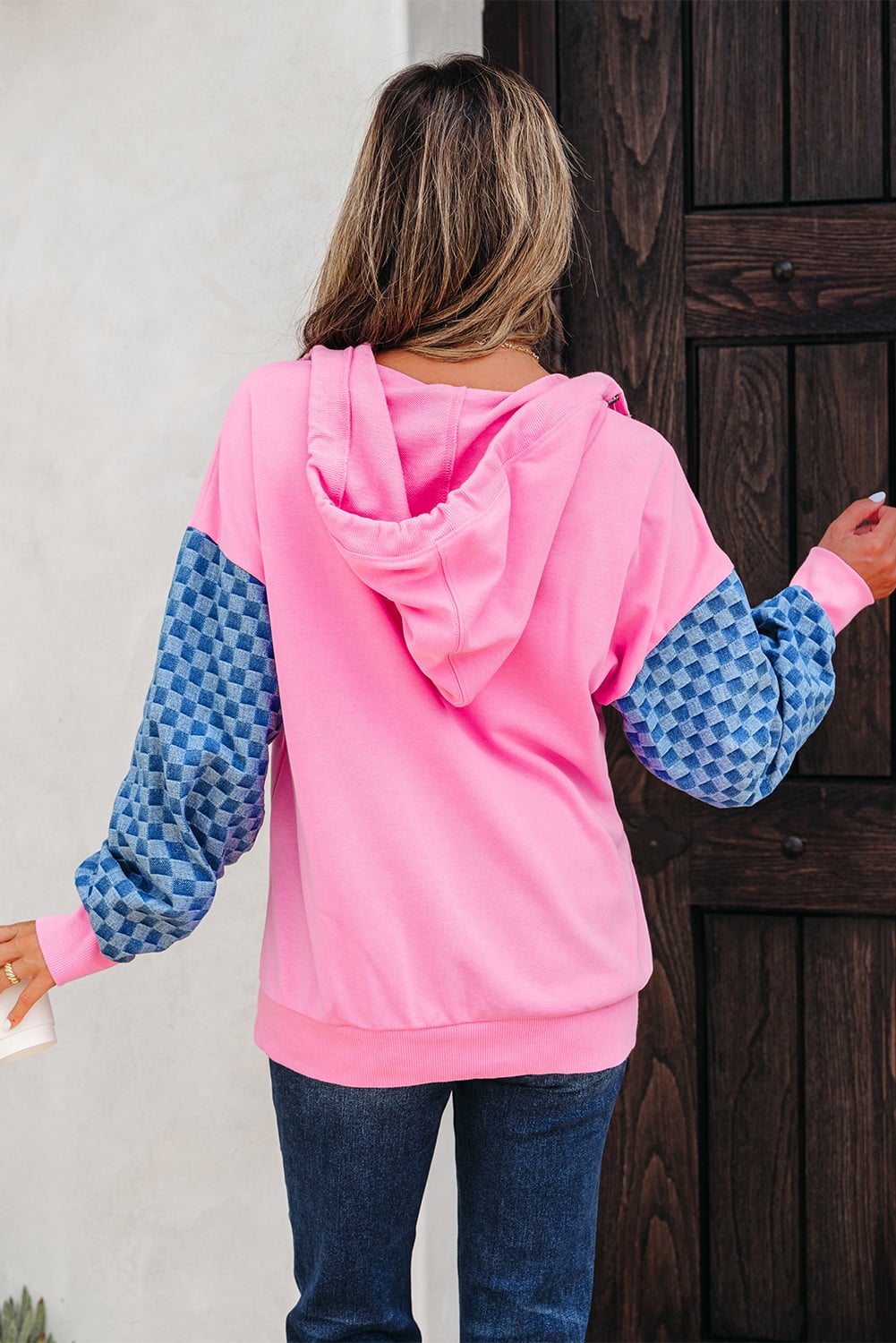 Bonbon Checkered Patchwork Kangaroo Pocket Half Zipper Hoodie