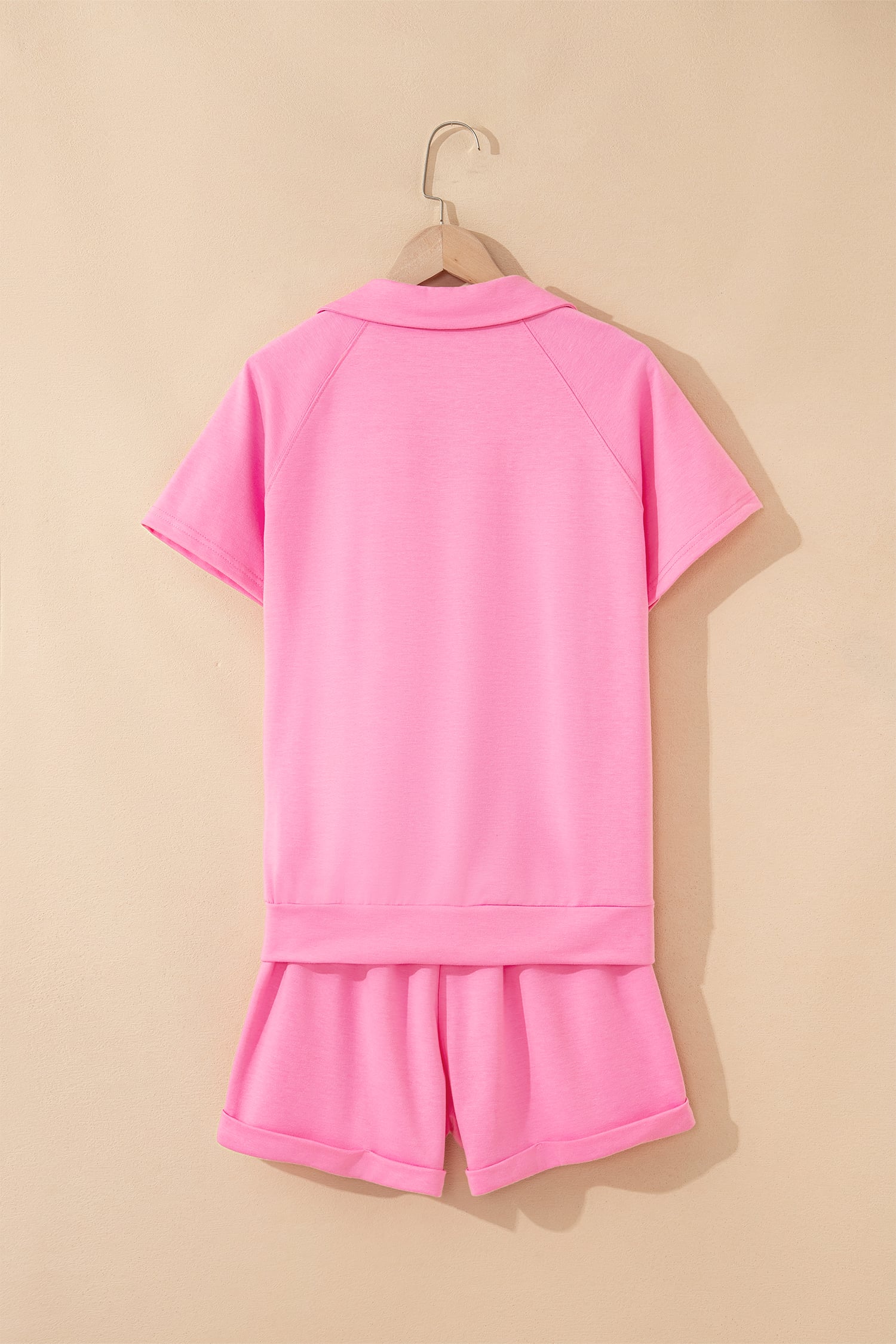 Bonbon Collared V Neck Tee Drawstring Elastic Waist Shorts 2pcs Outfit