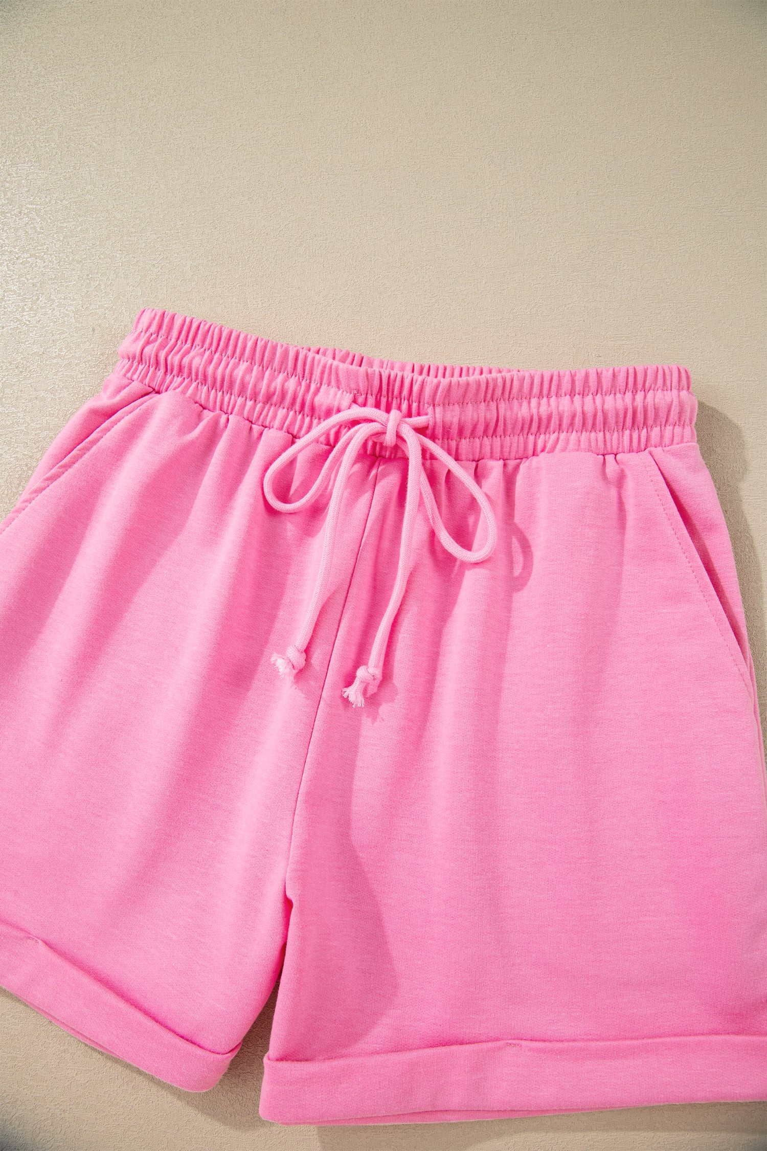 Bonbon Collared V Neck Tee Drawstring Elastic Waist Shorts 2pcs Outfit
