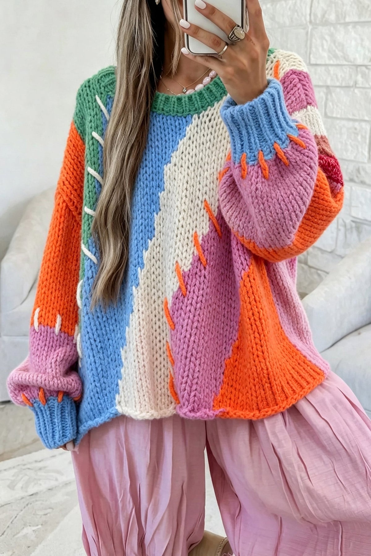 Bonbon Color Block Patchwork Knit Stitched Detail Oversize Sweater