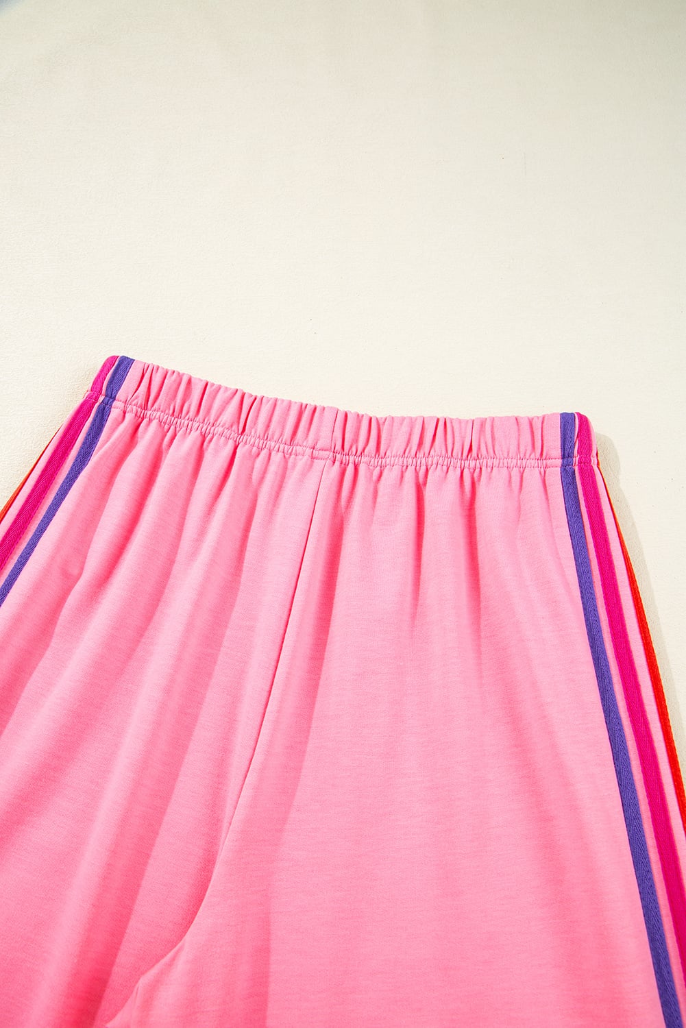 Bonbon Color Contrast Crewneck T Shirt and Wide Leg High Waist Pants Set