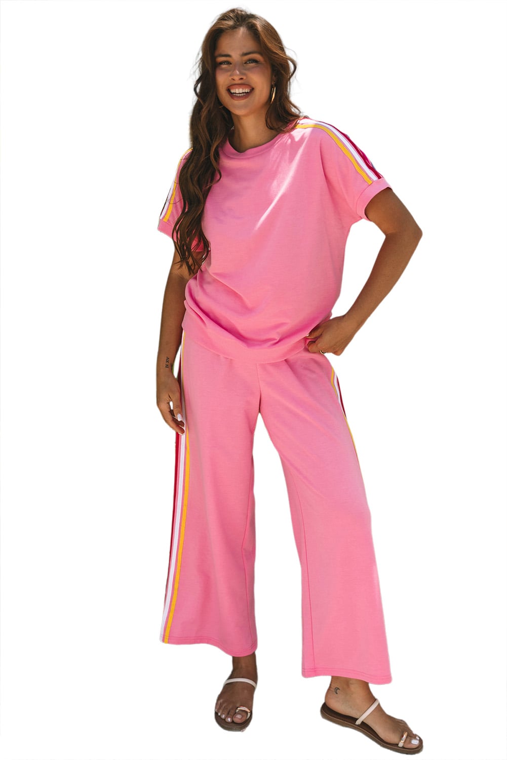 Bonbon Color Contrast Crewneck T Shirt and Wide Leg High Waist Pants Set