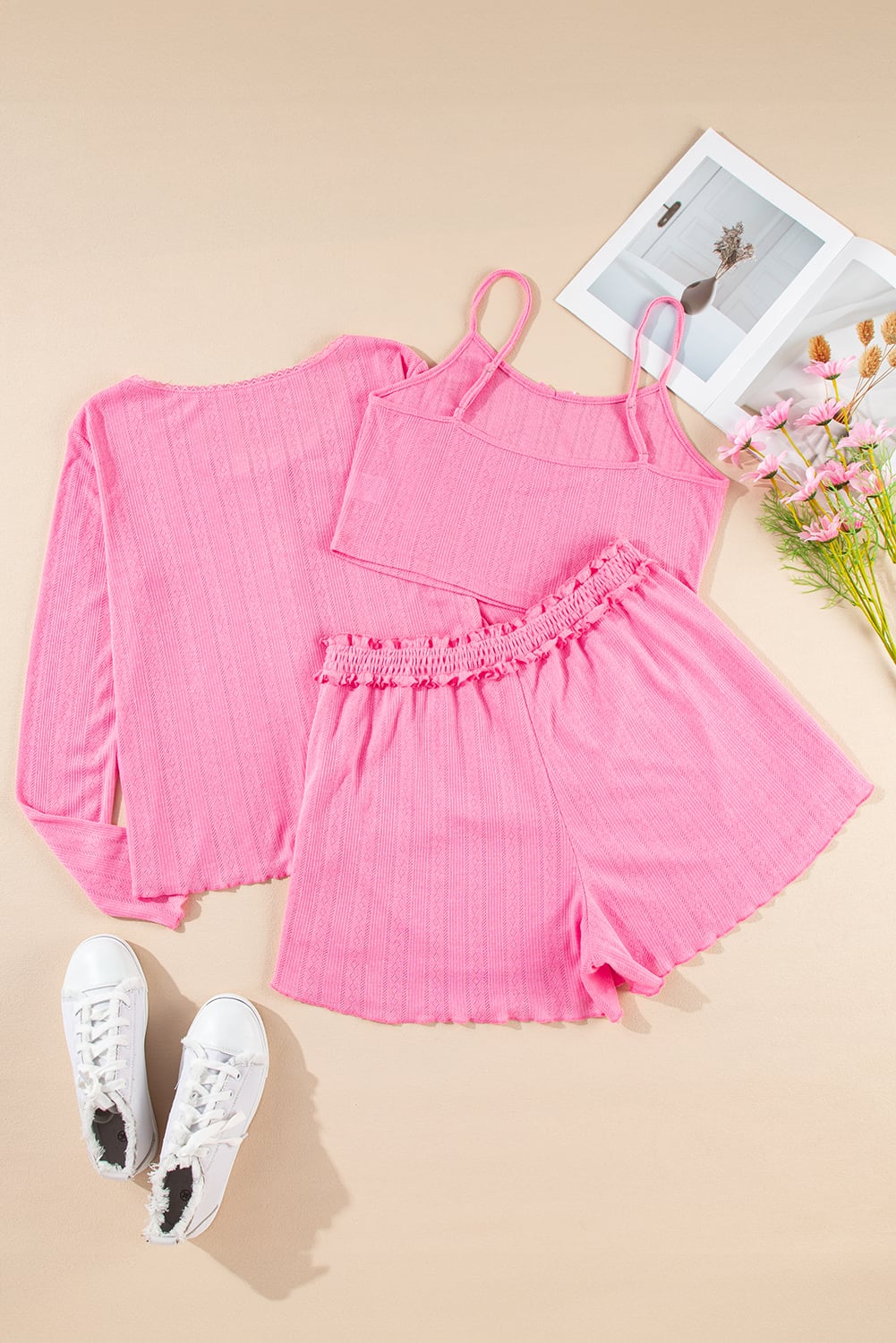 Bonbon Delicate Texture Cropped Cami Shorts and Cardigan 3pcs Lounge Set