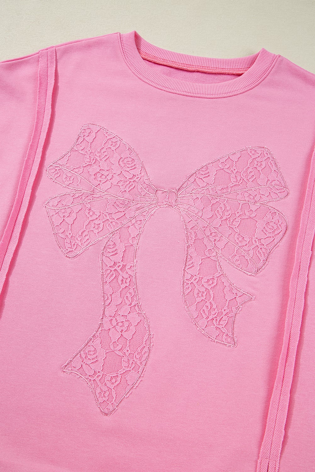 Bonbon Lace Insert Bow Embroidered Exposed Seam Sweatshirt