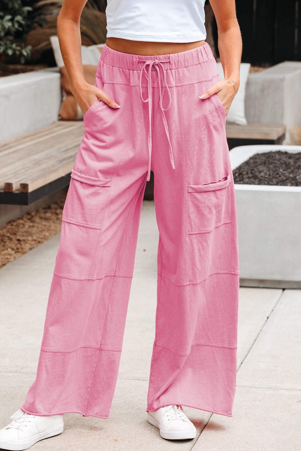 Bonbon Mineral Wash Exposed Seam Drawstring Elastic Waistband Wide Leg Cargo Pants