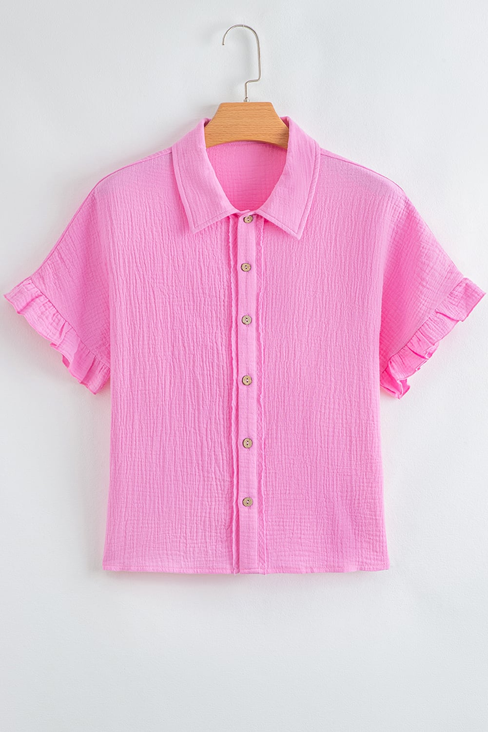 Bonbon Mineral Wash Textured Ruffle Trim Short Sleeve Shirt