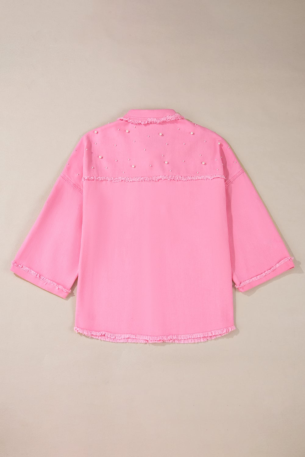 Bonbon Pearl Beaded Raw Hem Button Up Denim Jacket