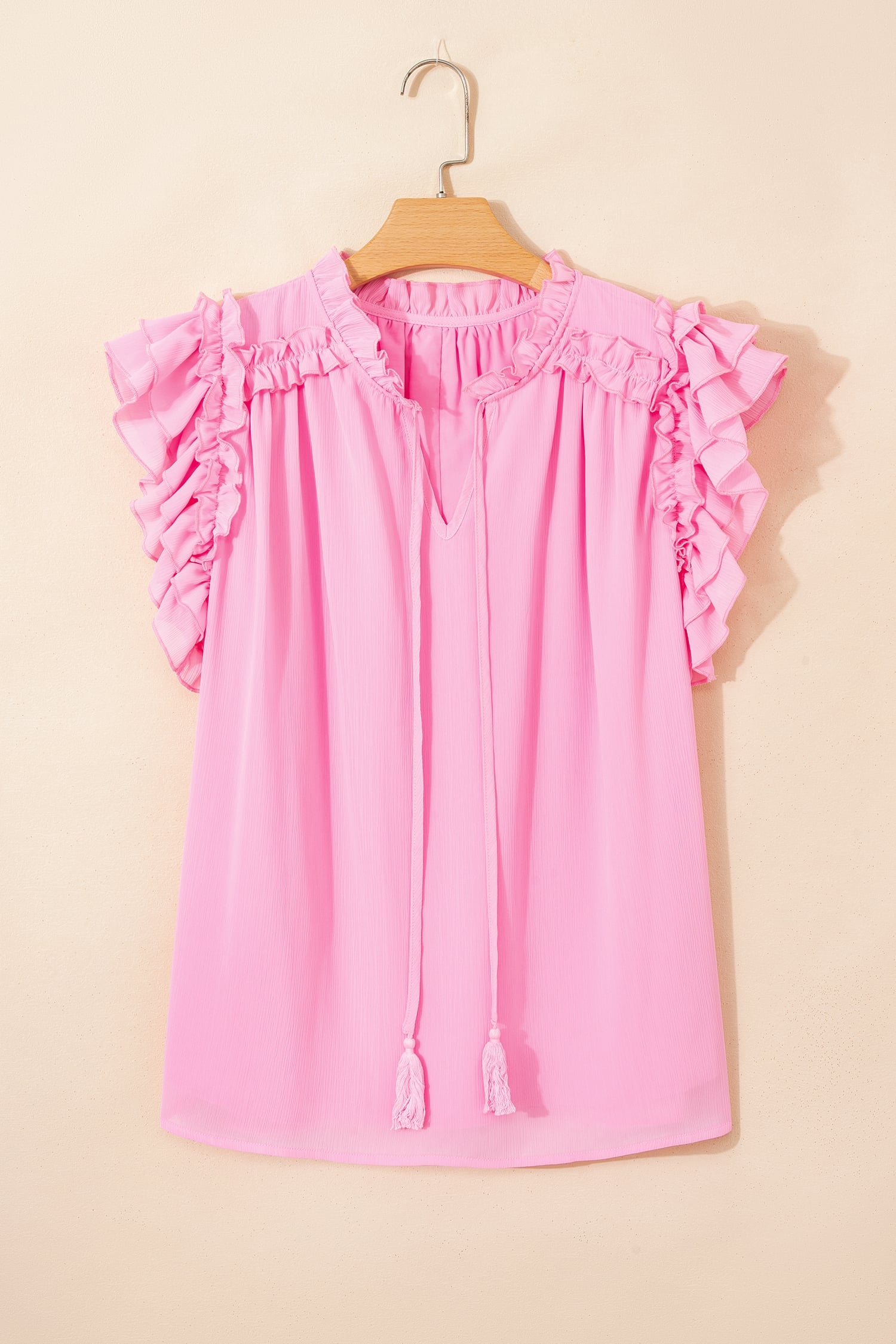 Bonbon Plus Size Textured Tassel Tie V Neck Ruffle Short Sleeve Blouse