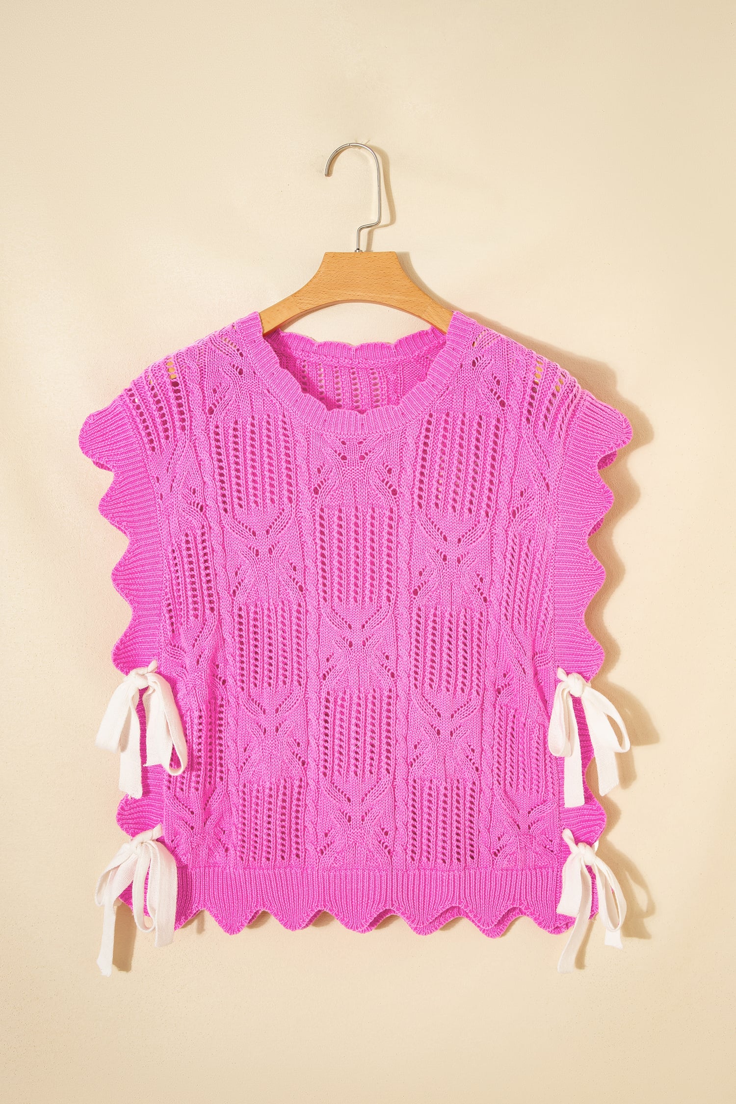 Bonbon Pointelle Knit Patterned Scalloped Trim Short Sleeve Sweater