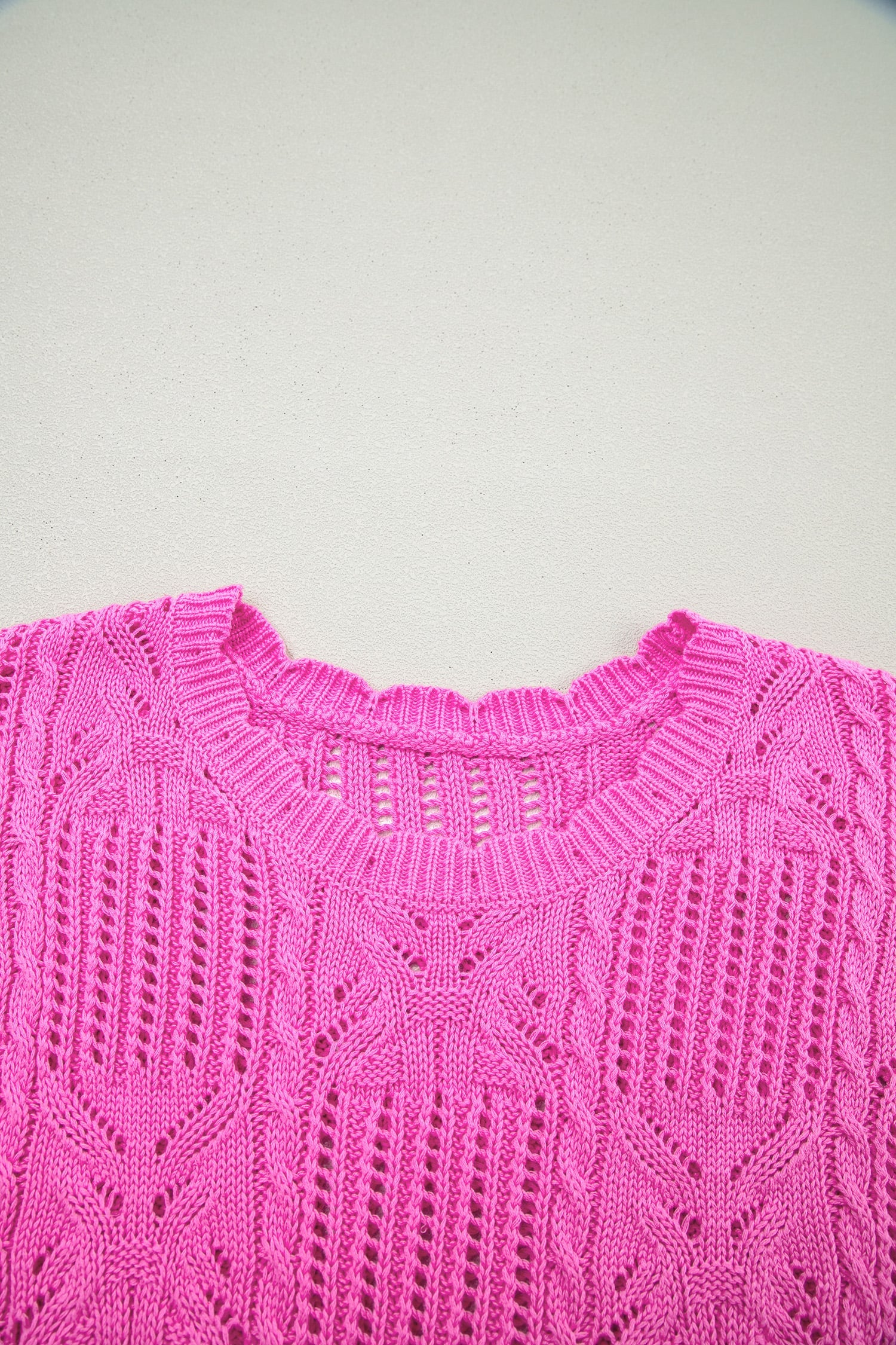 Bonbon Pointelle Knit Patterned Scalloped Trim Short Sleeve Sweater