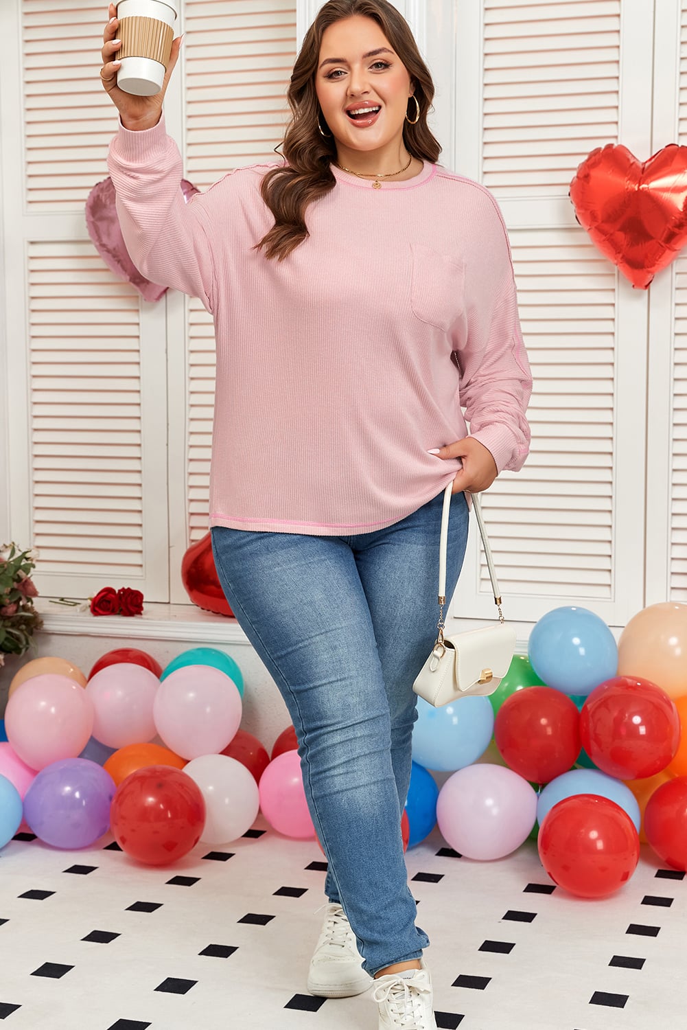 Bonbon Ribbed Exposed Seam Round Neck Chest Pocket Plus Knit Top