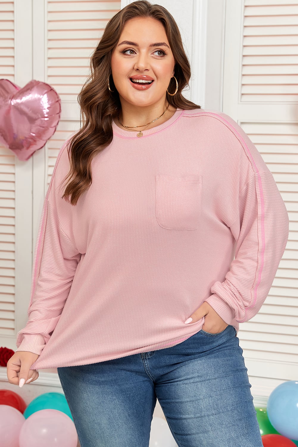 Bonbon Ribbed Exposed Seam Round Neck Chest Pocket Plus Knit Top