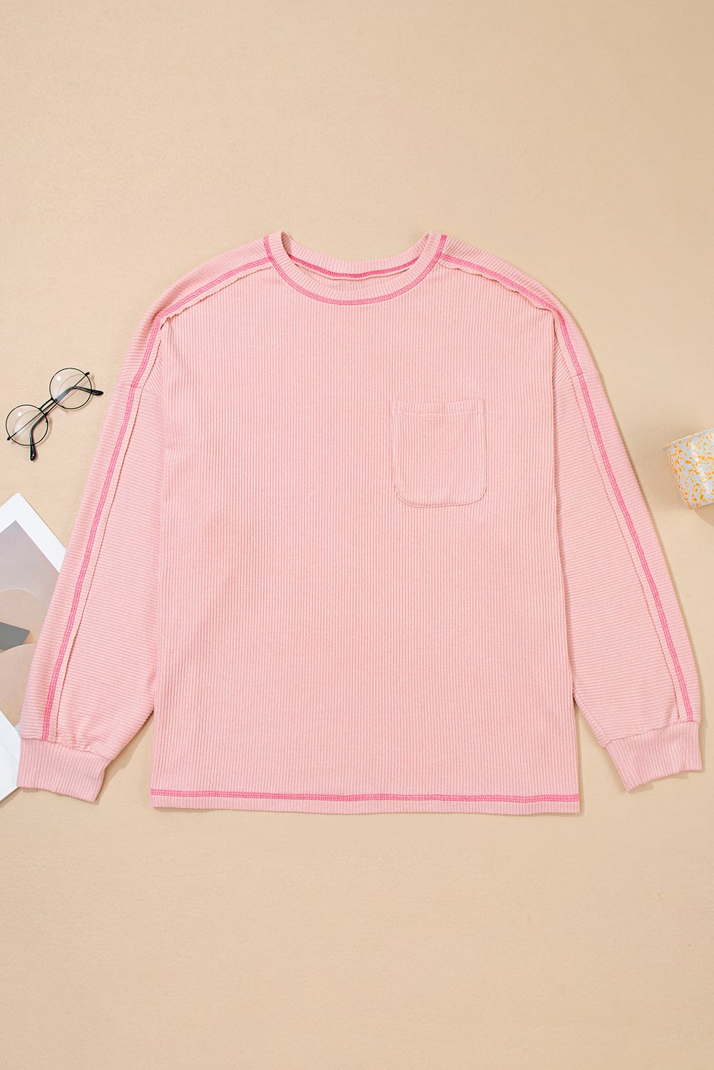 Bonbon Ribbed Exposed Seam Round Neck Chest Pocket Plus Knit Top