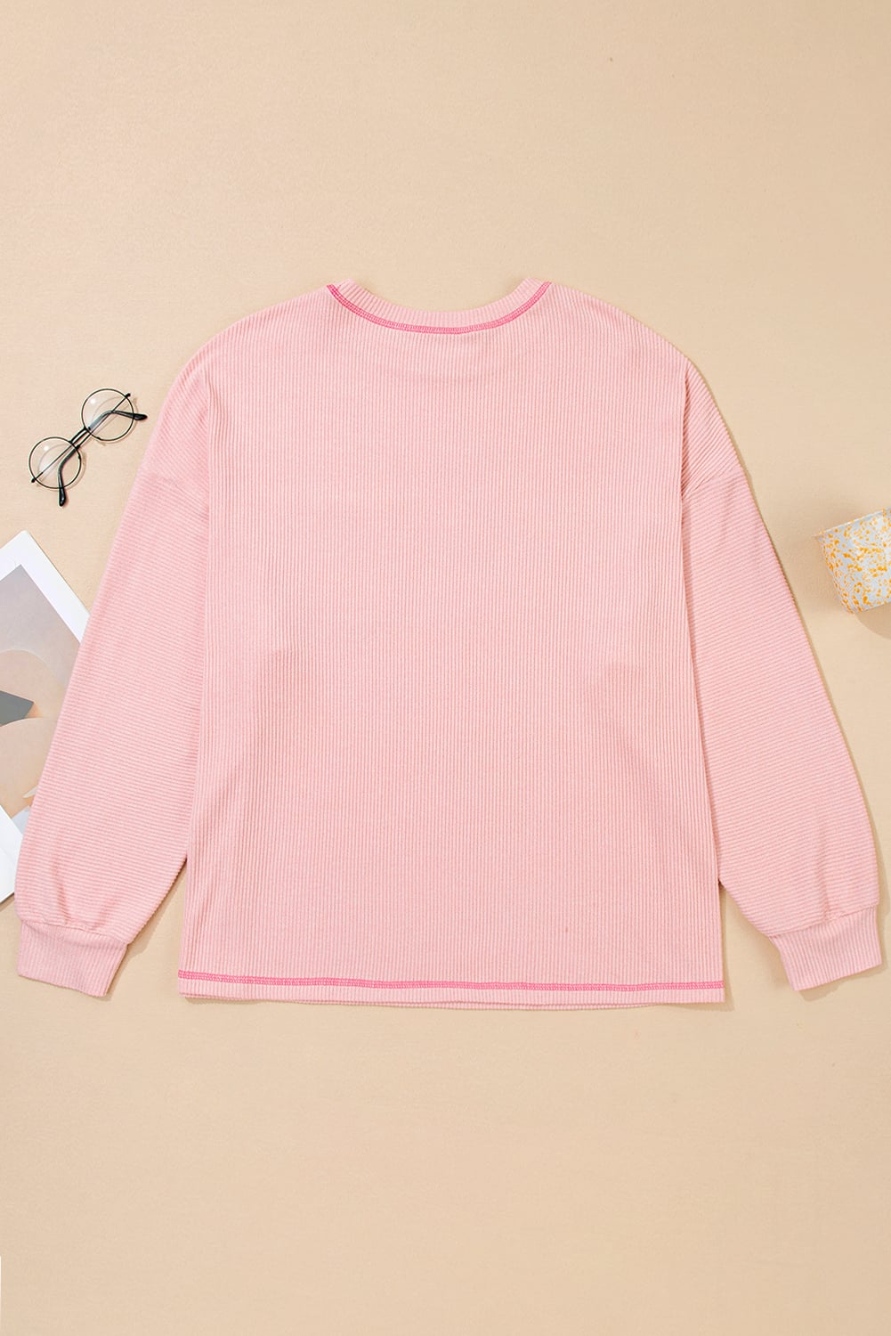 Bonbon Ribbed Exposed Seam Round Neck Chest Pocket Plus Knit Top