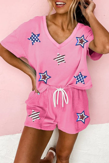 Bonbon Sequin American Flag Star Patch V Neck Tee and Short Set