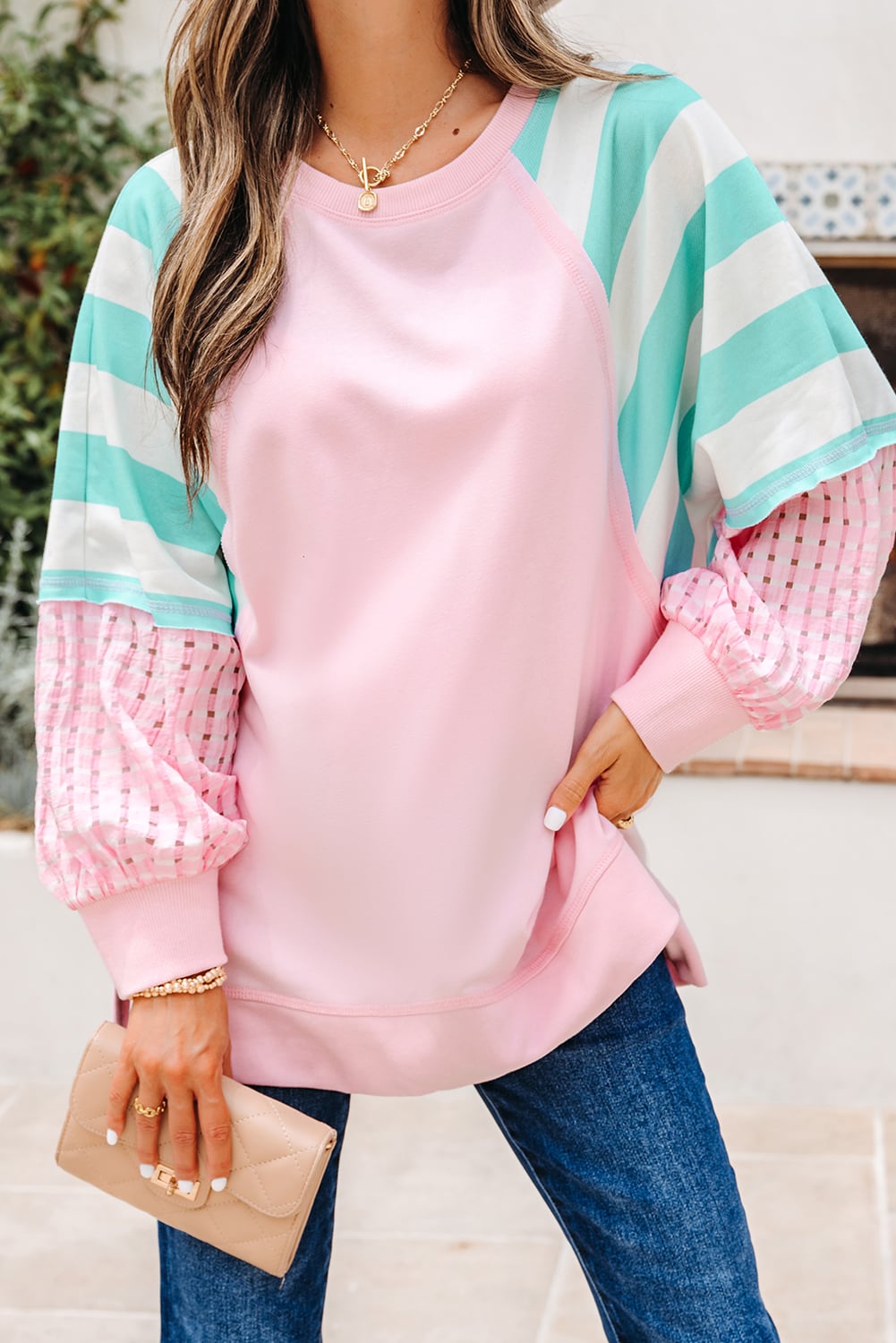 Bonbon Striped Colorblock Patchwork Raglan Pullover Top with Slits