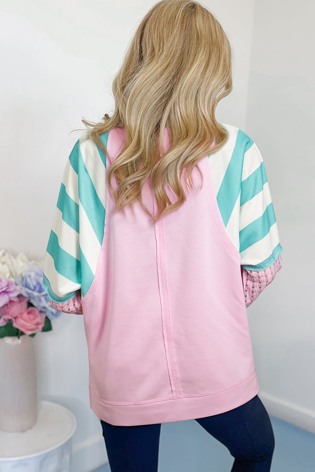 Bonbon Striped Colorblock Patchwork Raglan Pullover Top with Slits