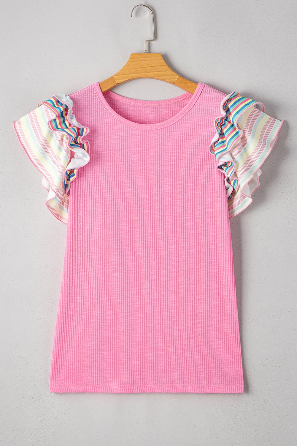Bonbon Striped Ruffle Flutter Sleeve Ribbed Blouse