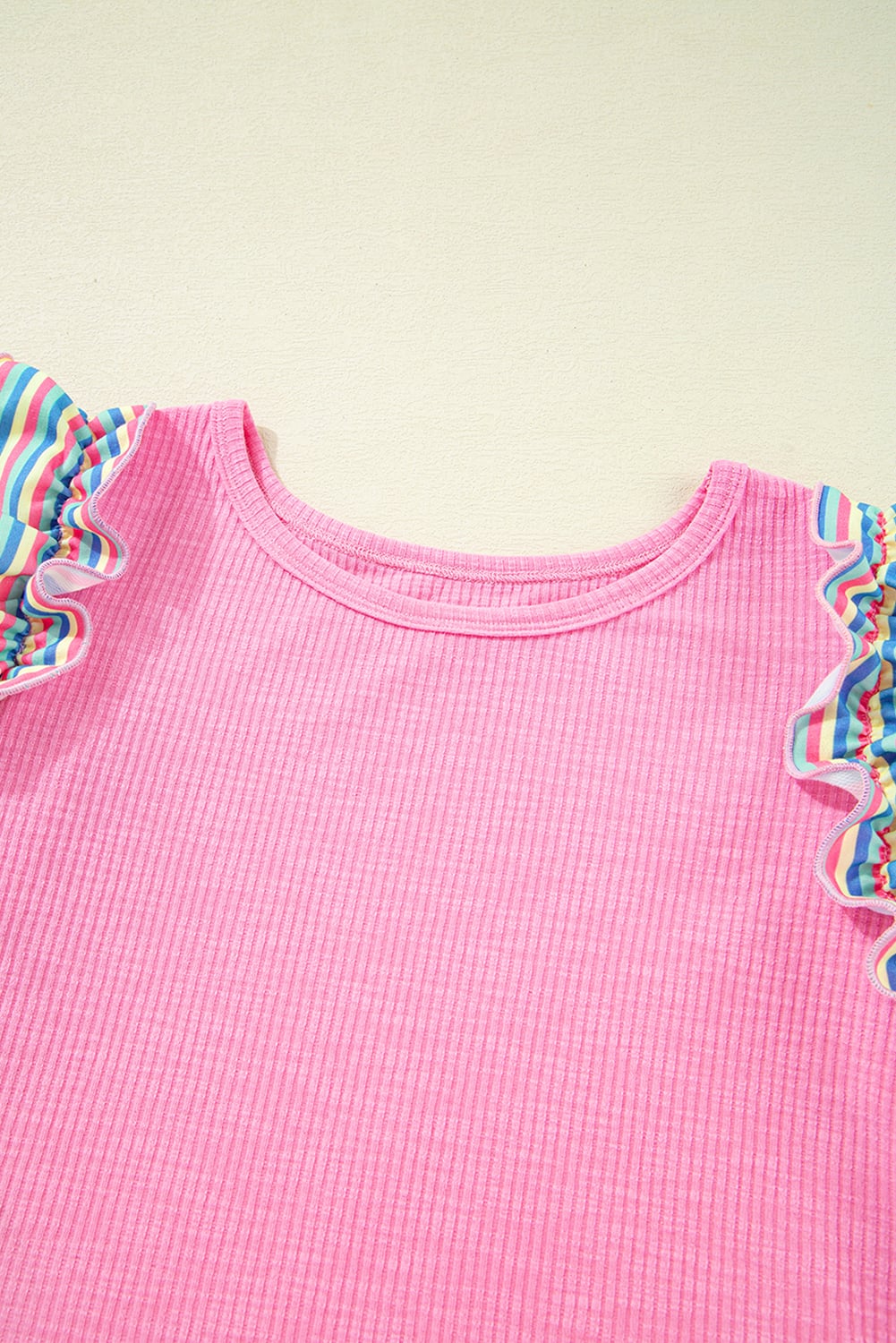 Bonbon Striped Ruffle Flutter Sleeve Ribbed Blouse