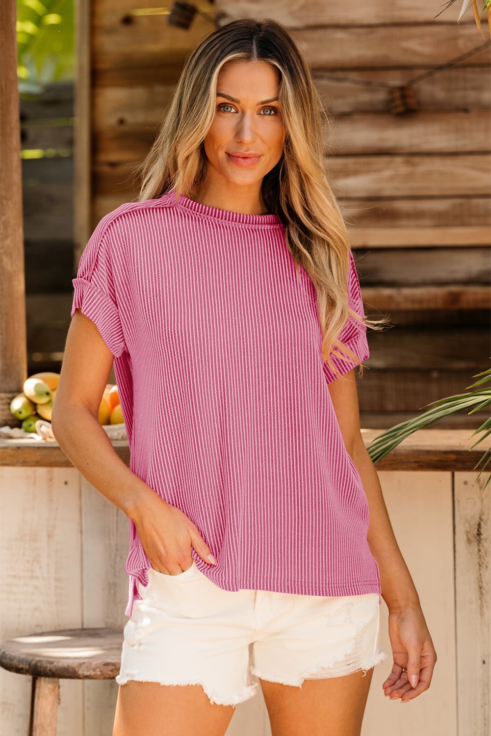 Bonbon Textured Knit Exposed Stitching T-shirt