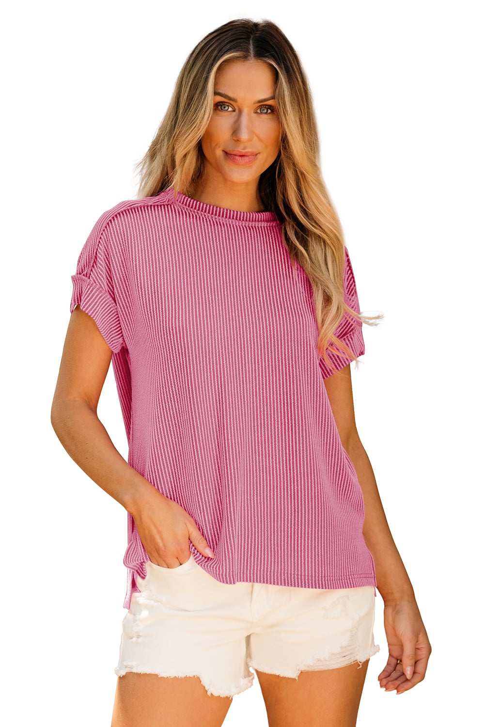 Bonbon Textured Knit Exposed Stitching T-shirt