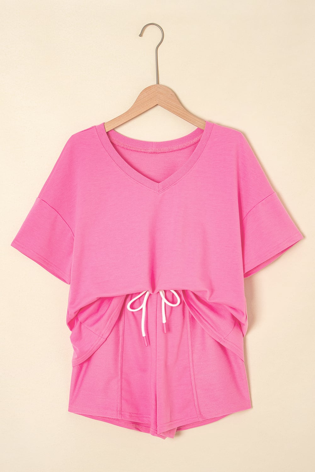 Bonbon V Neck Drop Shoulder Tee and Patchwork Drawstring Elastic Waistband Shorts Set