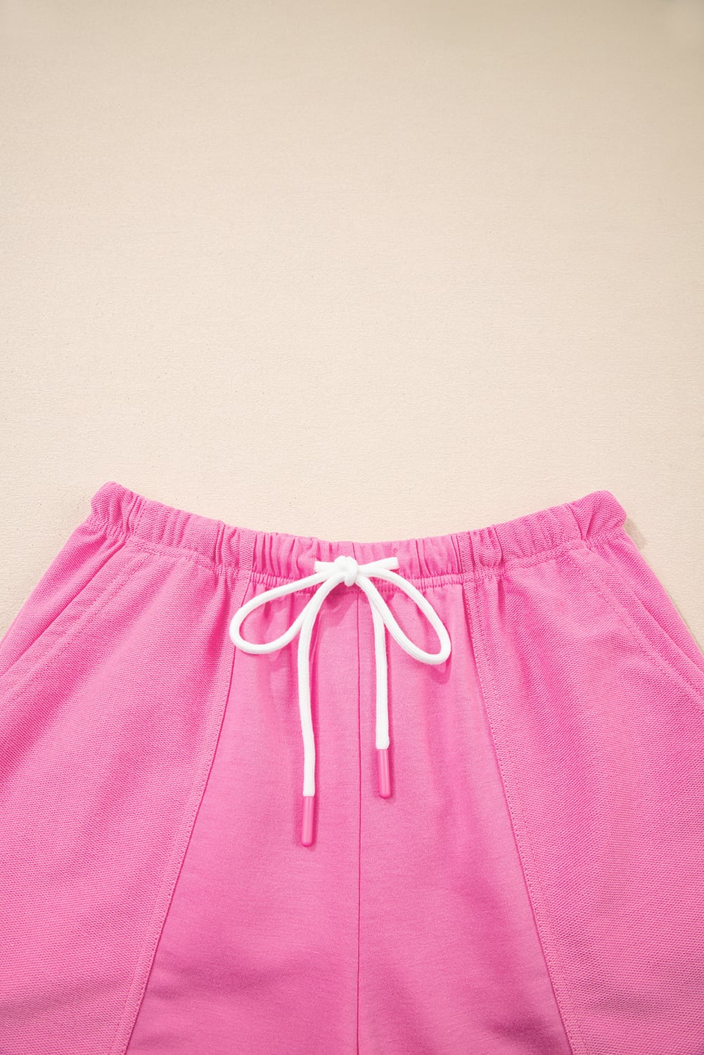 Bonbon V Neck Drop Shoulder Tee and Patchwork Drawstring Elastic Waistband Shorts Set