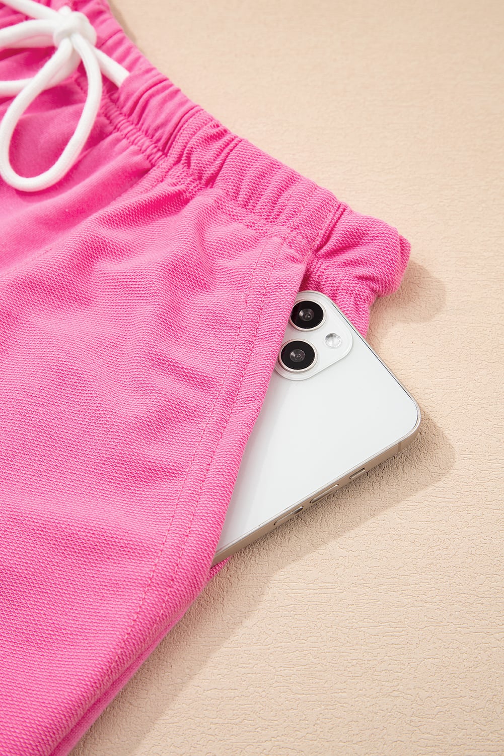 Bonbon V Neck Drop Shoulder Tee and Patchwork Drawstring Elastic Waistband Shorts Set