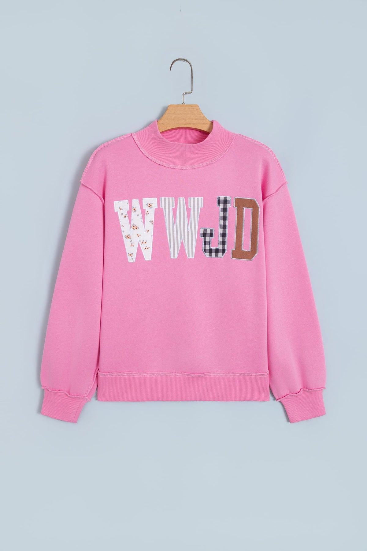 Bonbon WWJD Mixed Pattern Embroidered Patch Graphic Mock Neck Sweatshirt