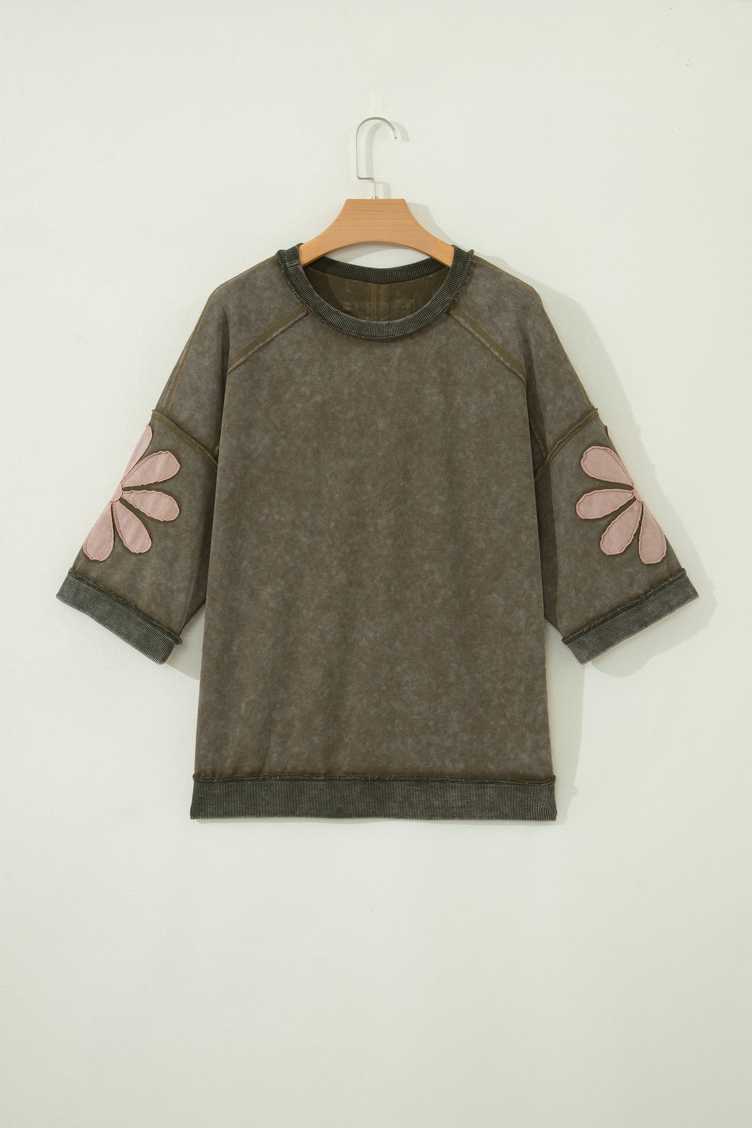 Breen Mineral Wash Raw Seam Patchwork Flower Patched 3/4 Sleeve Oversize Top