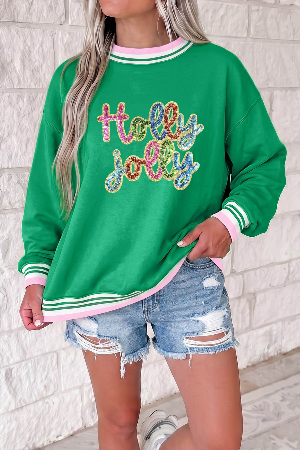 Bright Green Christmas Sequin Slogan Crewneck Pullover Sweatshirt