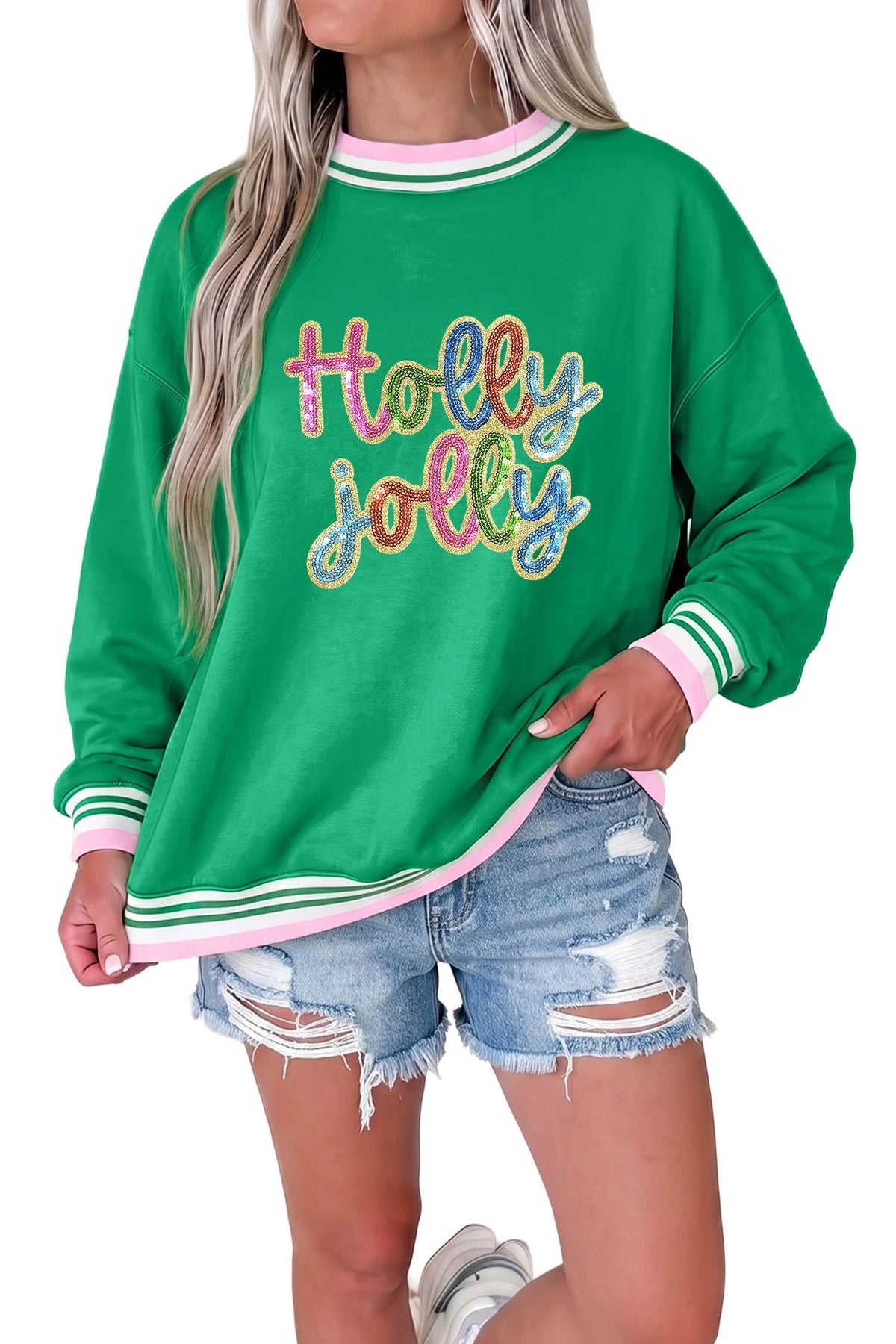 Bright Green Christmas Sequin Slogan Crewneck Pullover Sweatshirt