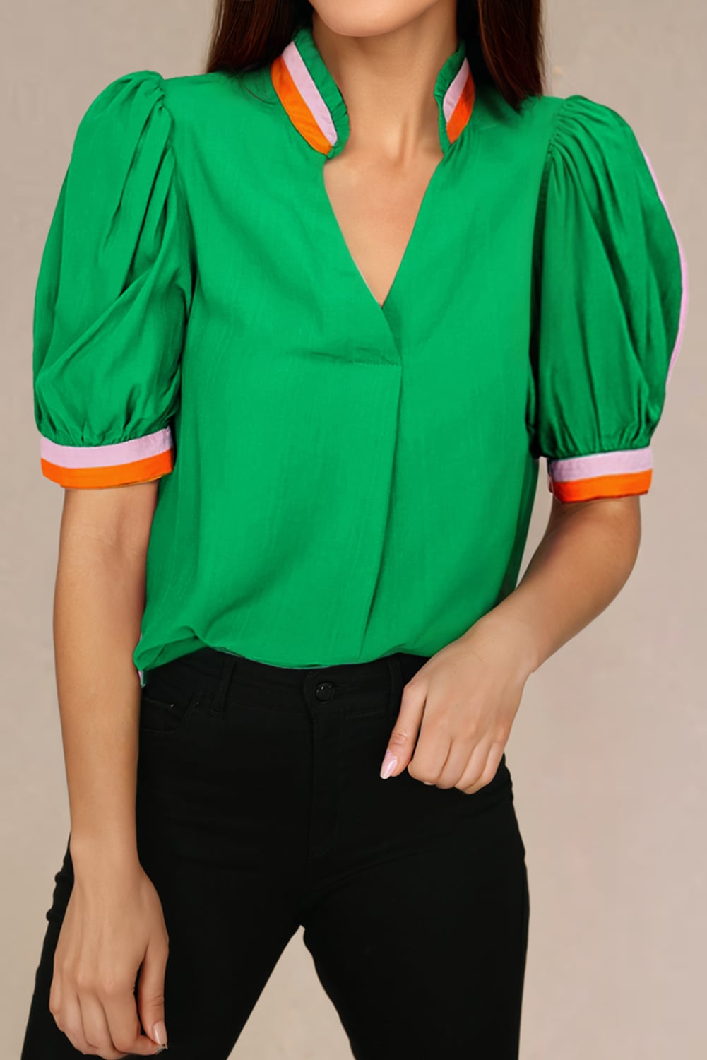 Bright Green Colorful Trim V Neck Short Sleeve Blouse