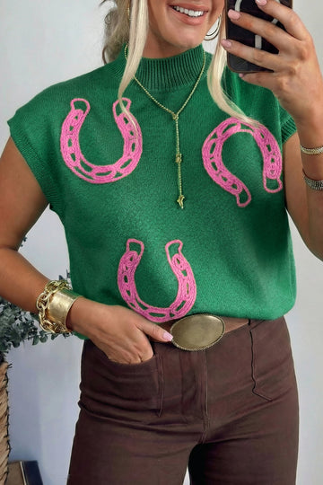 Bright Green Corded Horseshoes Ribbed Trim Mock Neck Short Sleeve Sweater