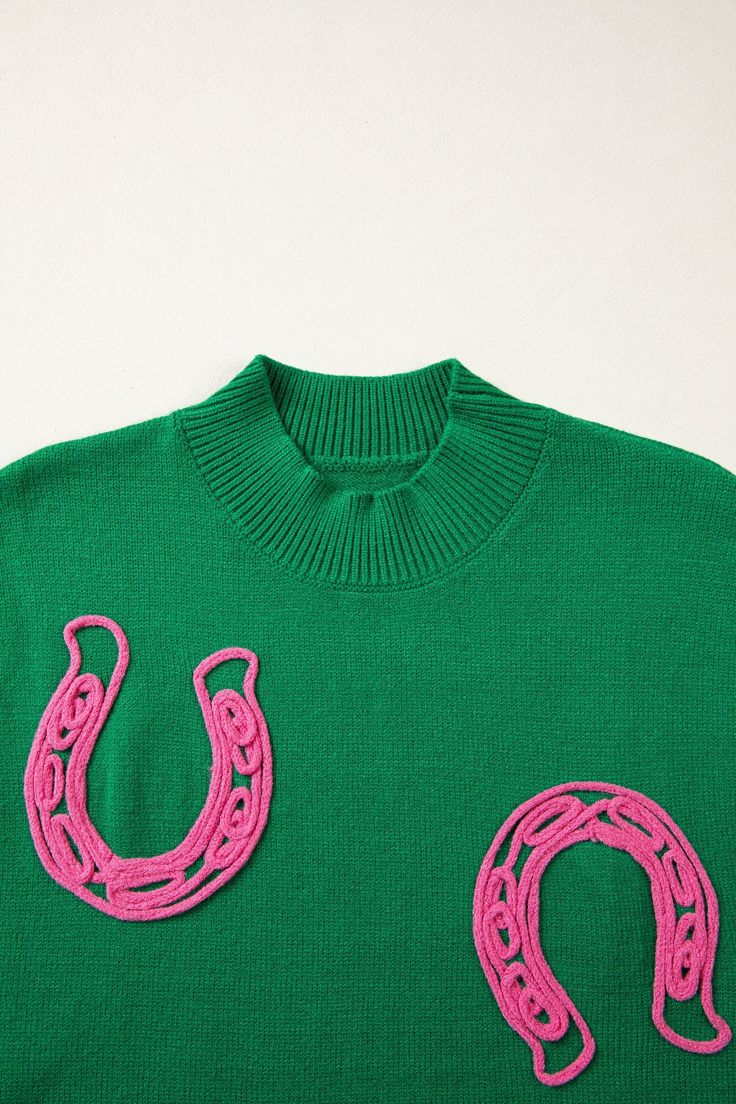Bright Green Corded Horseshoes Ribbed Trim Mock Neck Short Sleeve Sweater