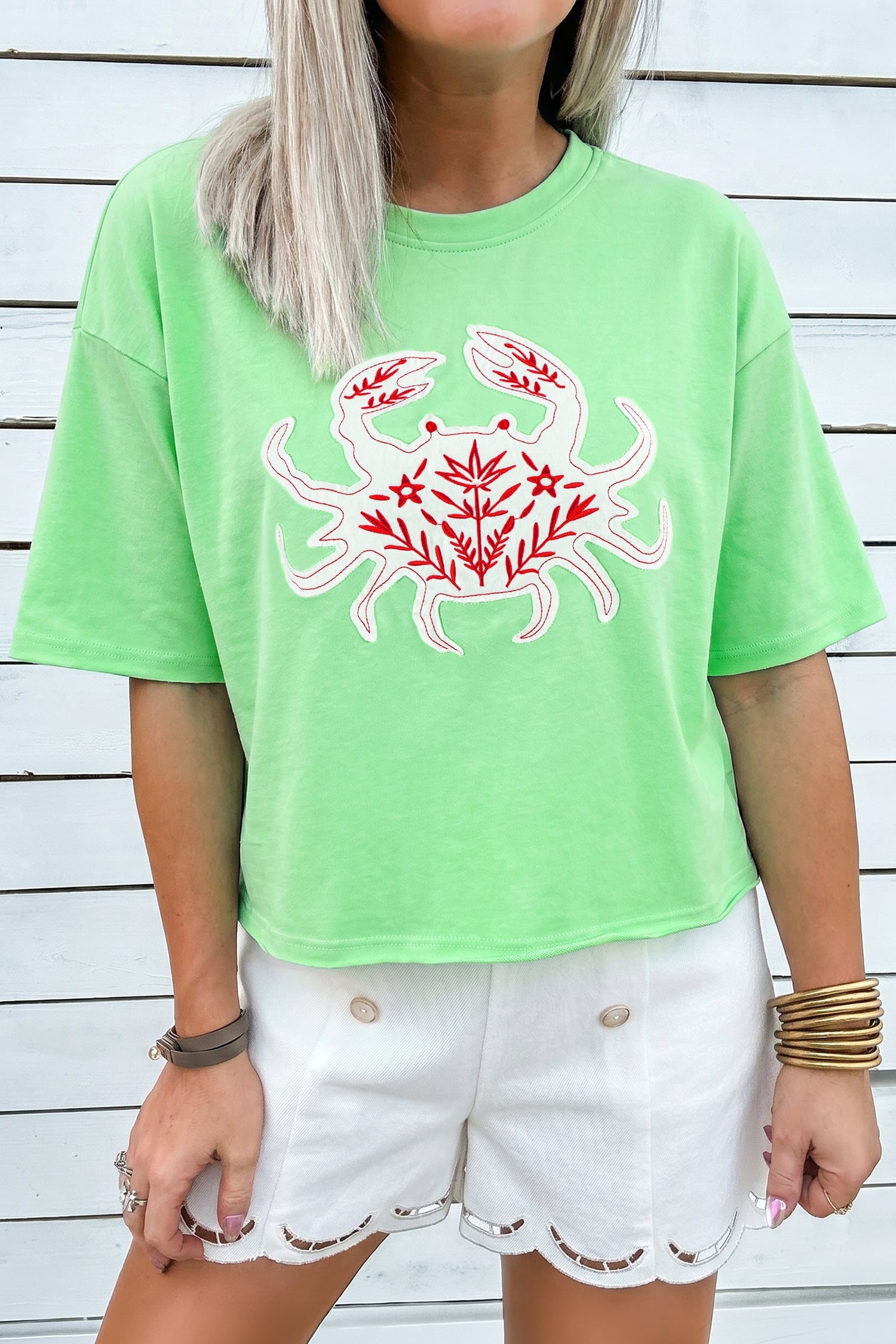 Bright Green Crab Embroidered Patch Loose Round Neck Tee