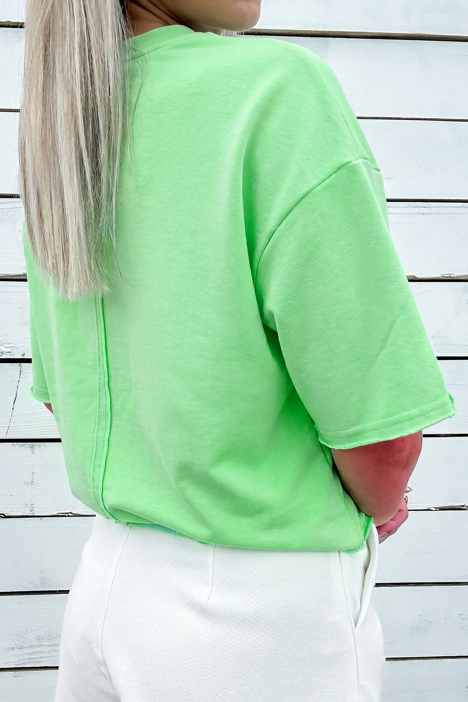 Bright Green Crab Embroidered Patch Loose Round Neck Tee
