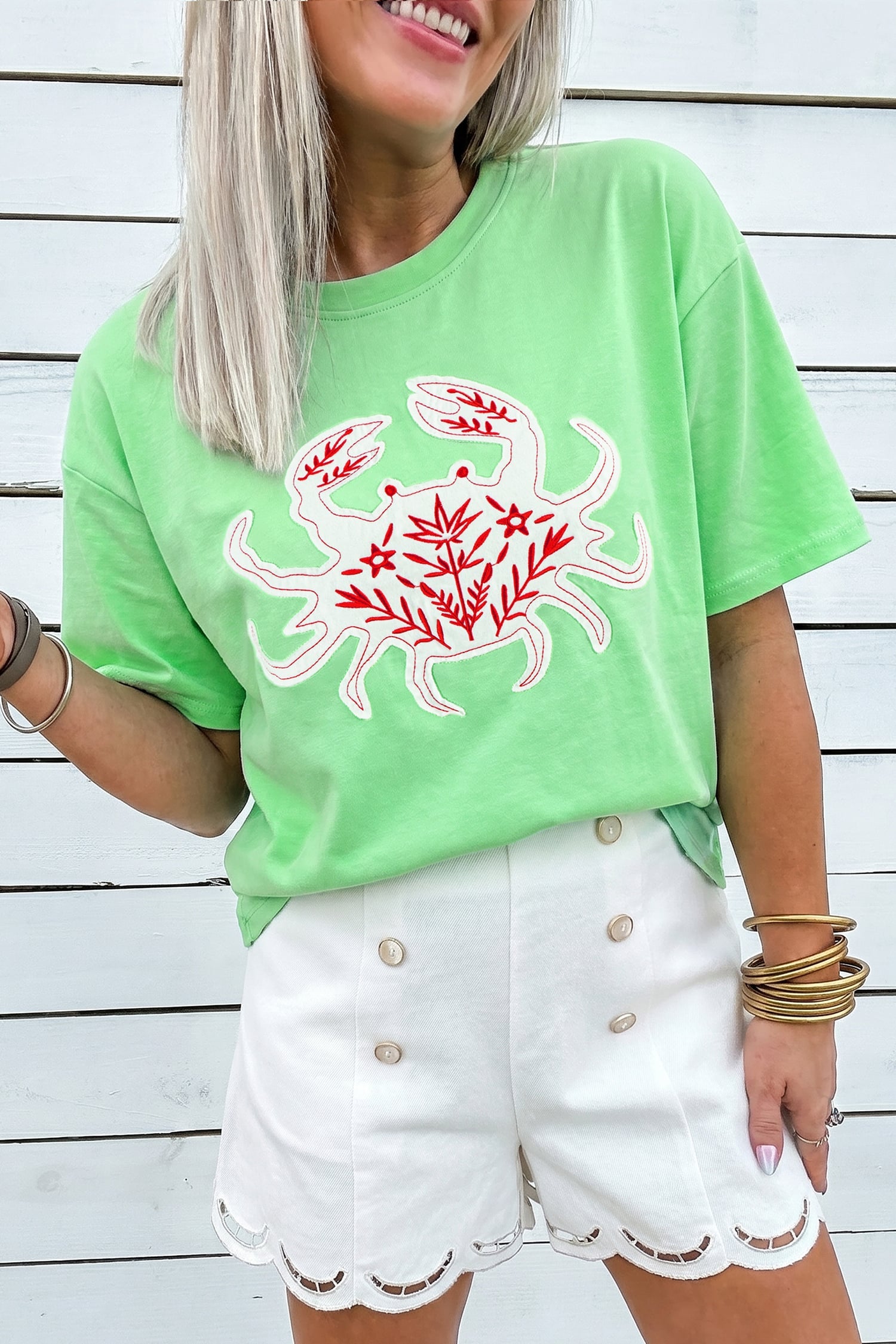 Bright Green Crab Embroidered Patch Loose Round Neck Tee