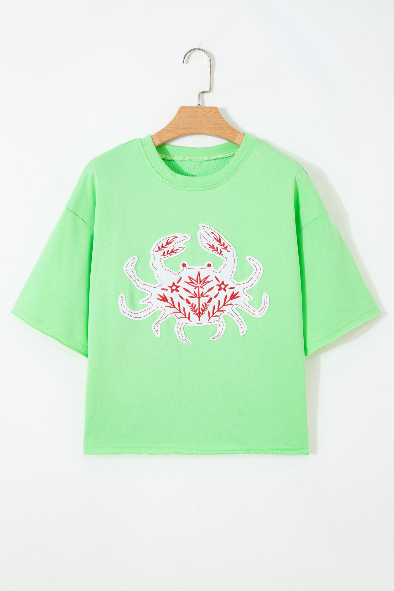 Bright Green Crab Embroidered Patch Loose Round Neck Tee
