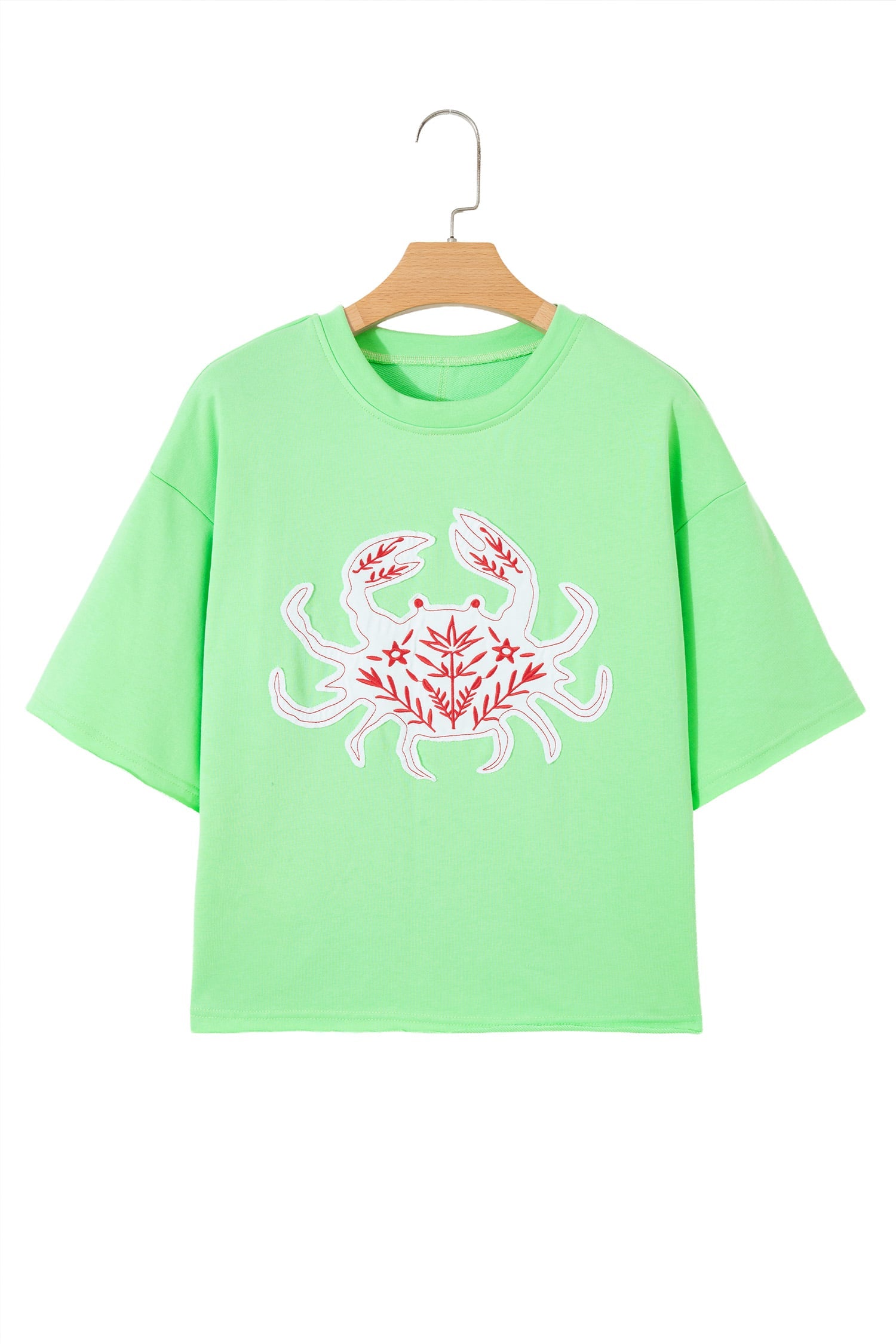Bright Green Crab Embroidered Patch Loose Round Neck Tee