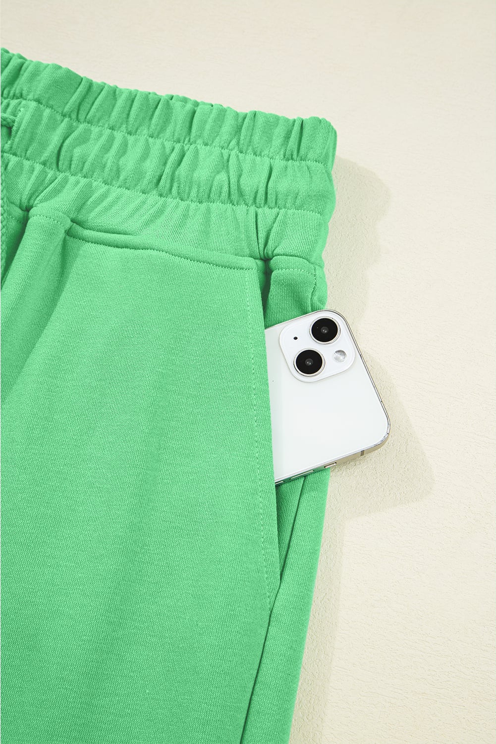 Bright Green Drop Shoulder Puff Sleeve Crop Pullover Drawstring Wide Leg Pants Set