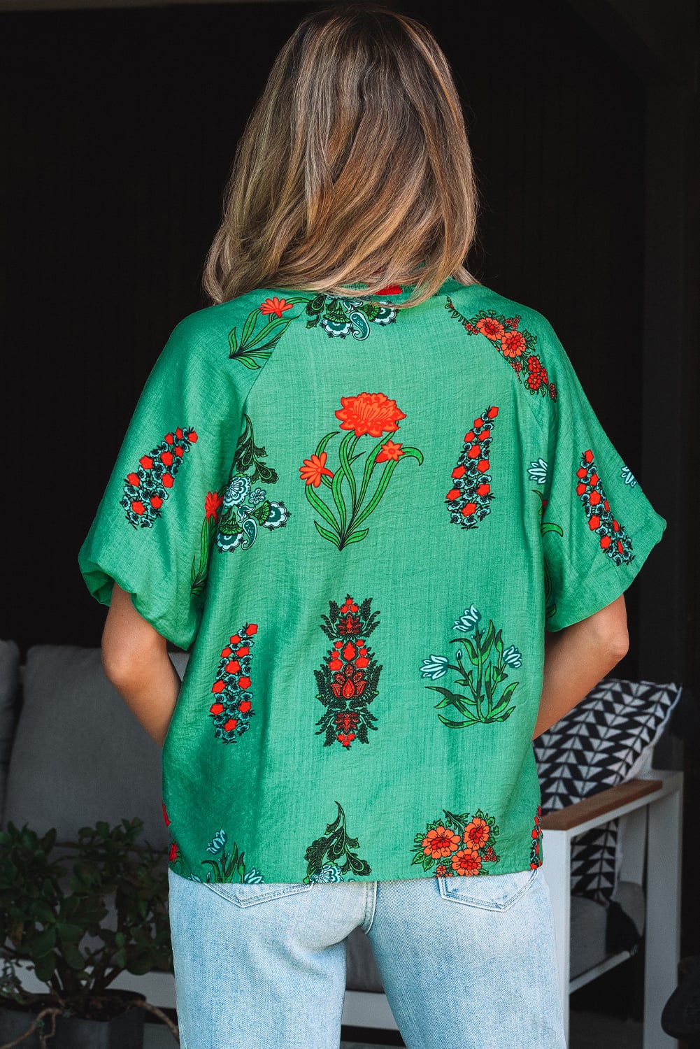 Bright Green Floral Print Buttoned V Neck Short Sleeve Blouse