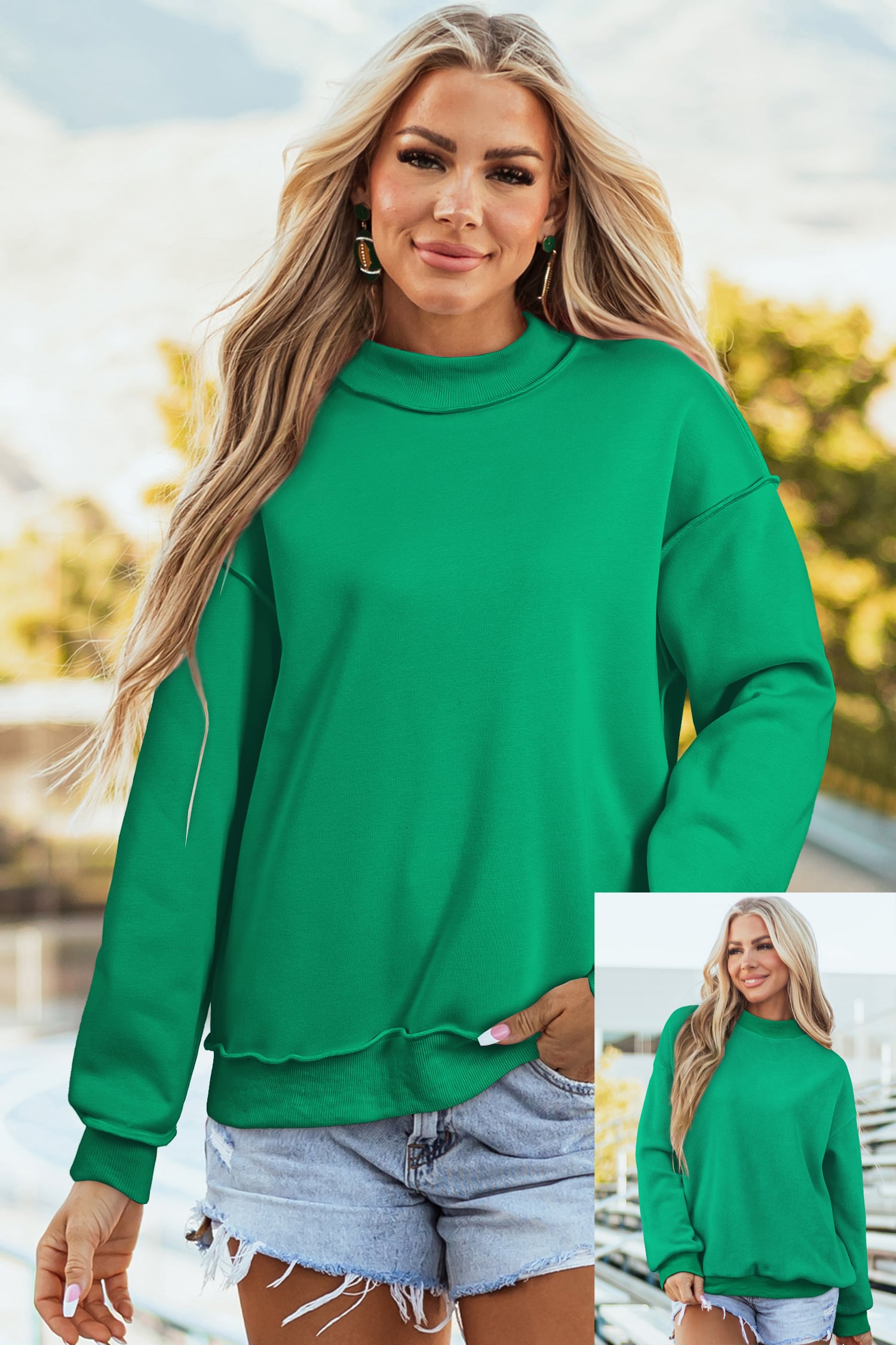 Bright Green Oversize Drop Shoulder Reversible Mock Neck Sweatshirt