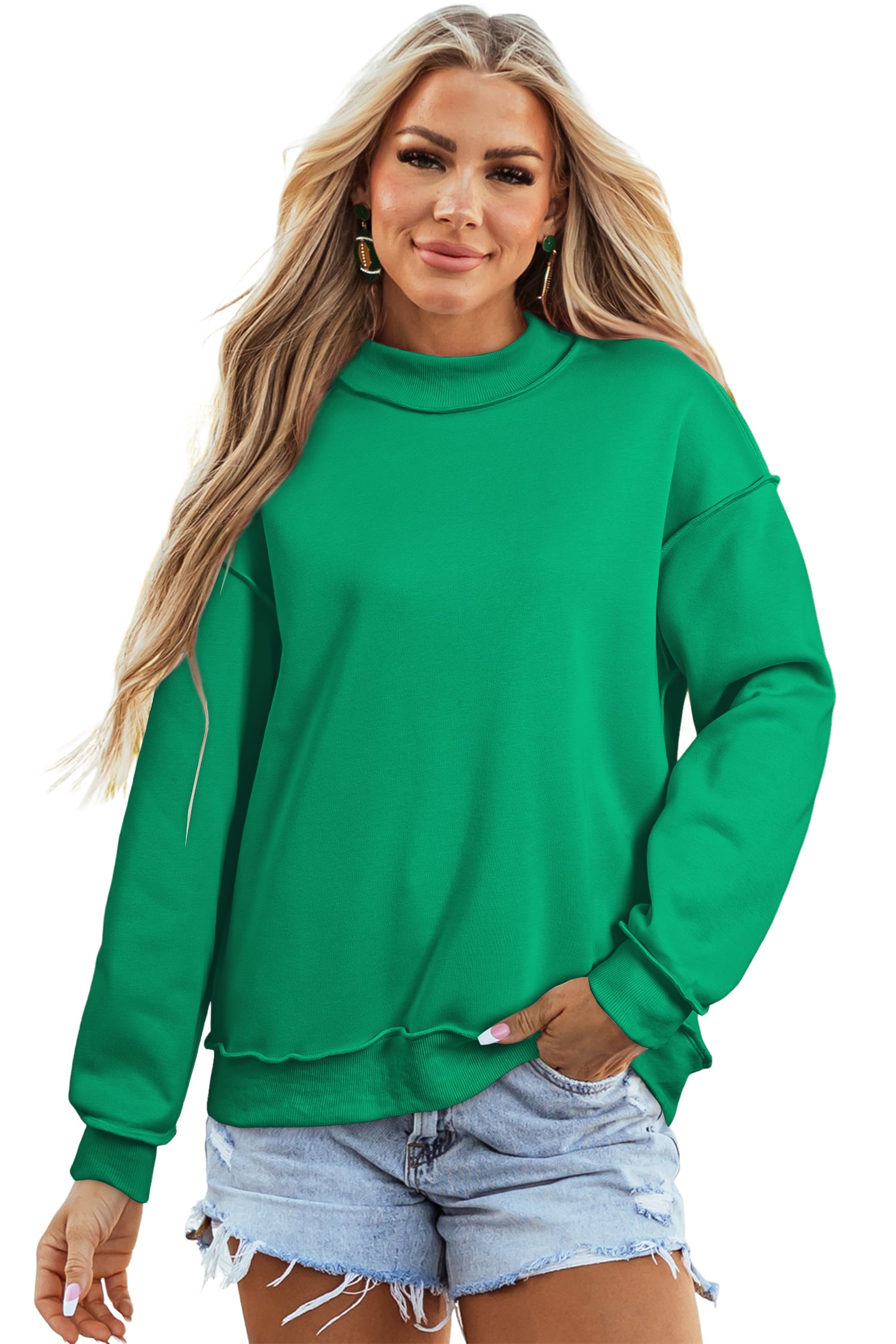 Bright Green Oversize Drop Shoulder Reversible Mock Neck Sweatshirt