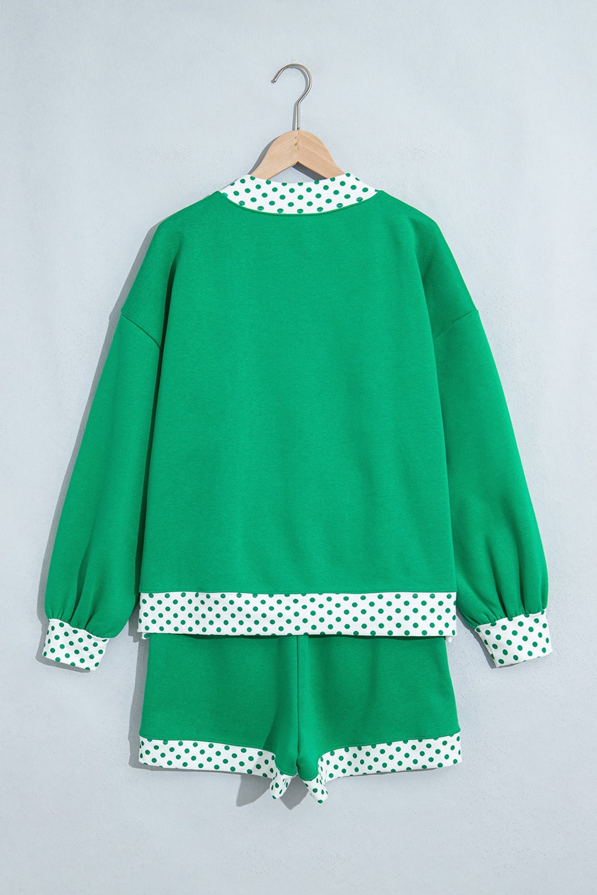 Bright Green Polka Dot Trim Baggy Pullover 2pcs Short Set