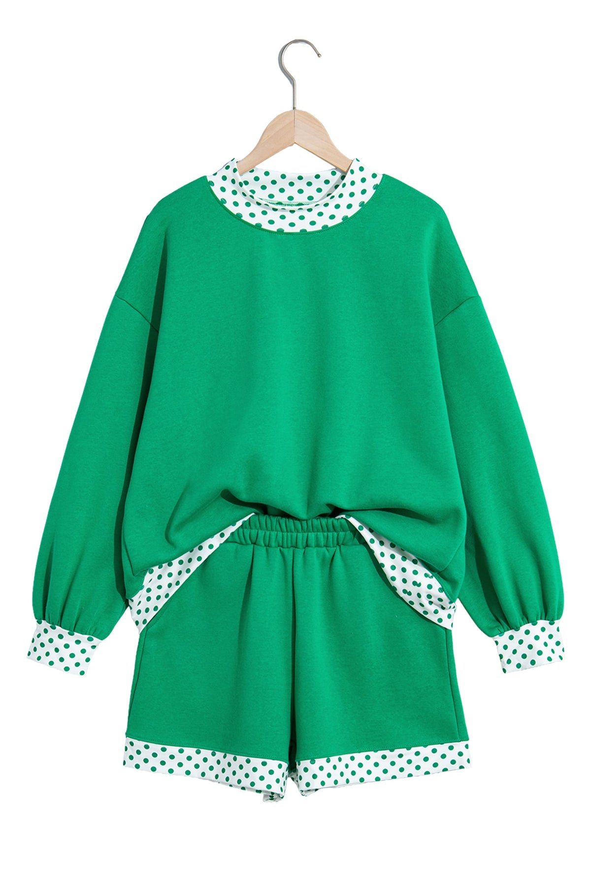 Bright Green Polka Dot Trim Baggy Pullover 2pcs Short Set